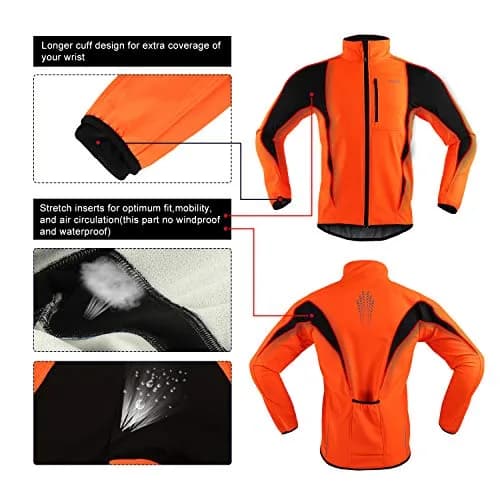 ARSUXEO Winter Cycling Jacket for Men, Fleece-Lined Softshell Orange M | Windproof & Water-Resistant thumbnail 5