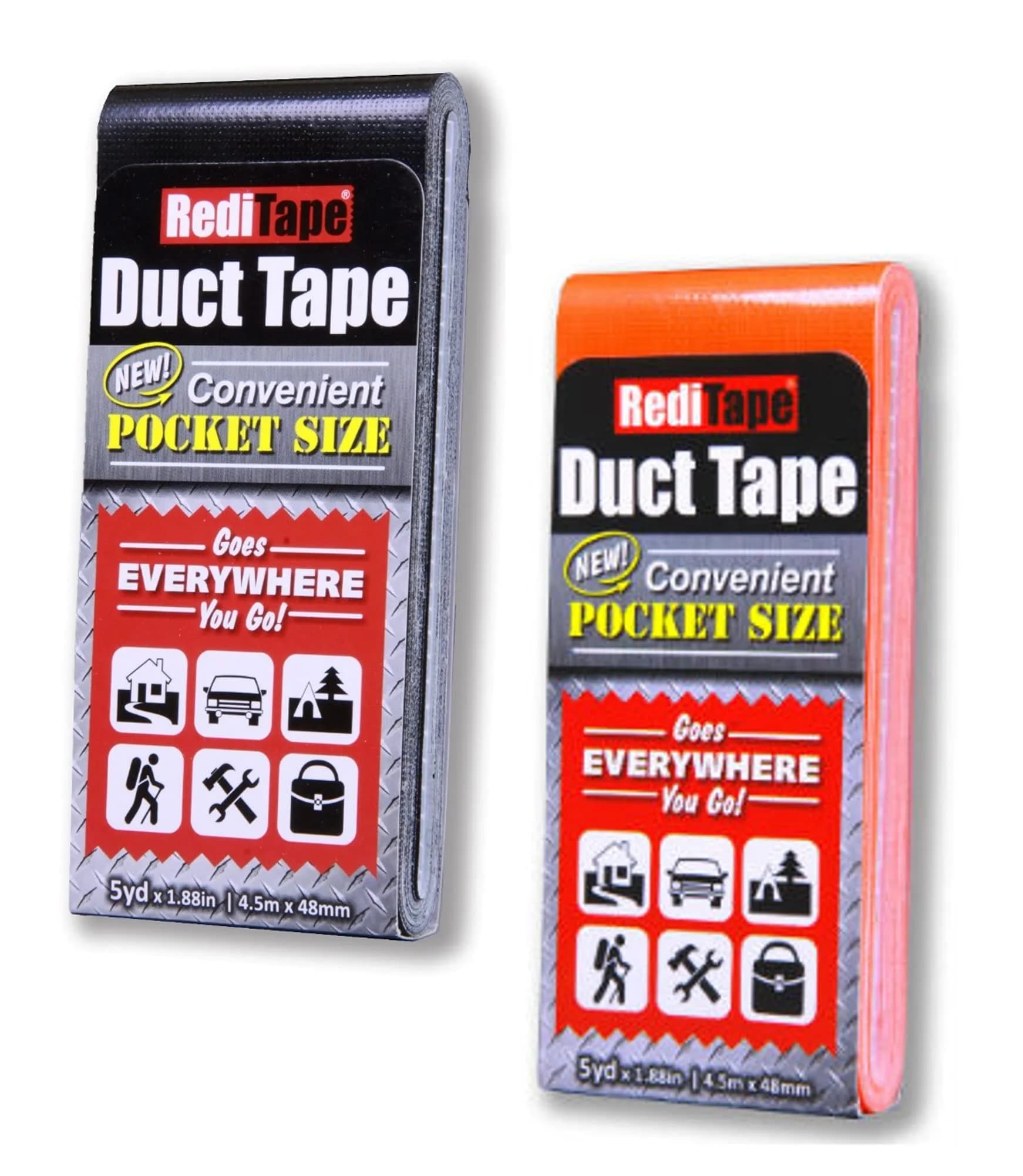 RediTape Travel Size Duct Tape 2-Pack (Silver & Bubble Gum Pink) | Pocket Size Flat Mini Roll, 5 Yards Each — Black & Fluorescent Orange