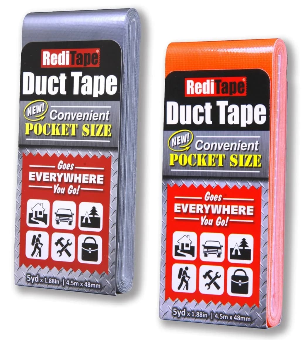 RediTape Travel Size Duct Tape 2-Pack (Silver & Bubble Gum Pink) | Pocket Size Flat Mini Roll, 5 Yards Each — Silver & Fluorescent Orange