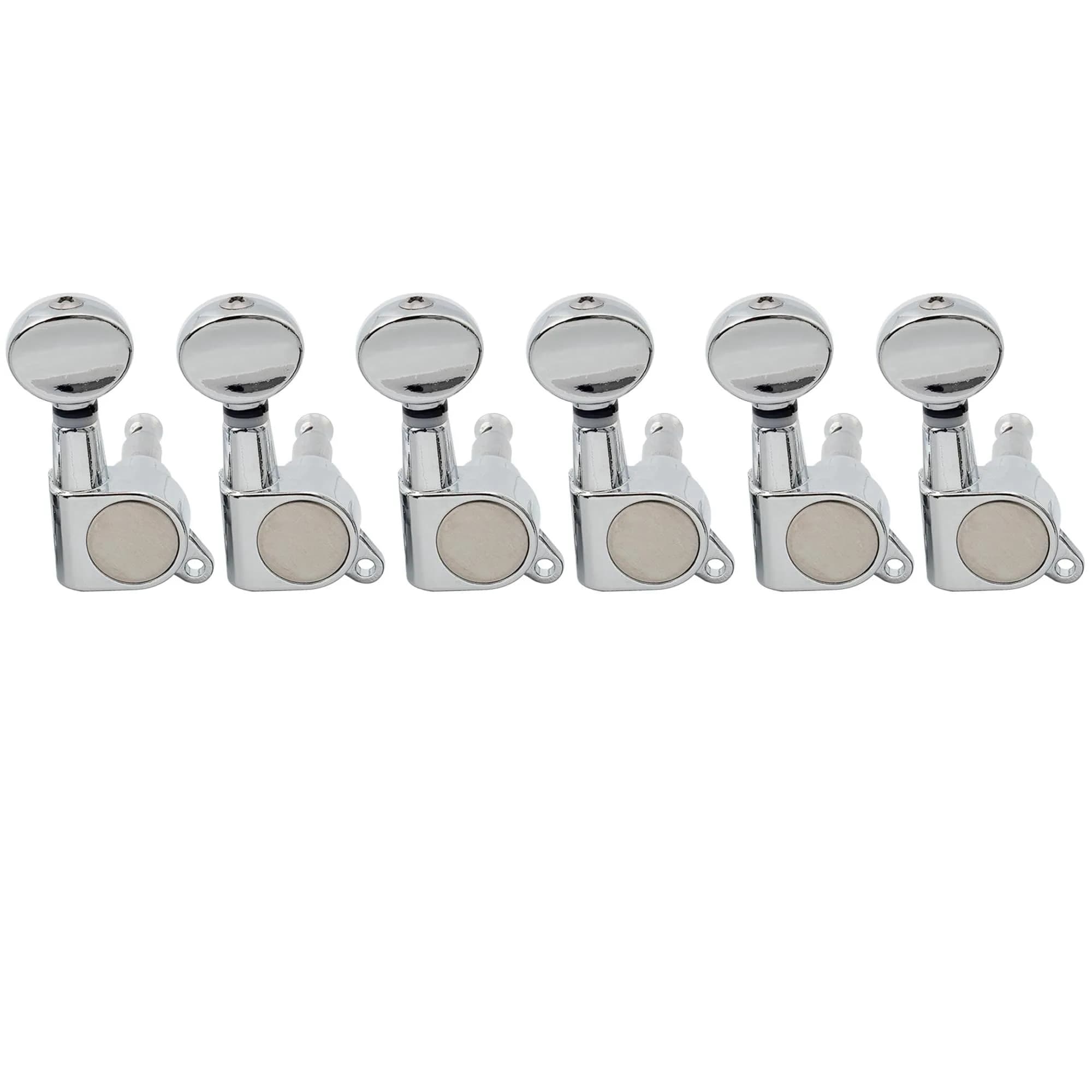 Musiclily Basic R15A 6 inline Sealed Tuners Set Chrome | Vintage Oval Button for Electric Guitar — Kidney Button Chrome