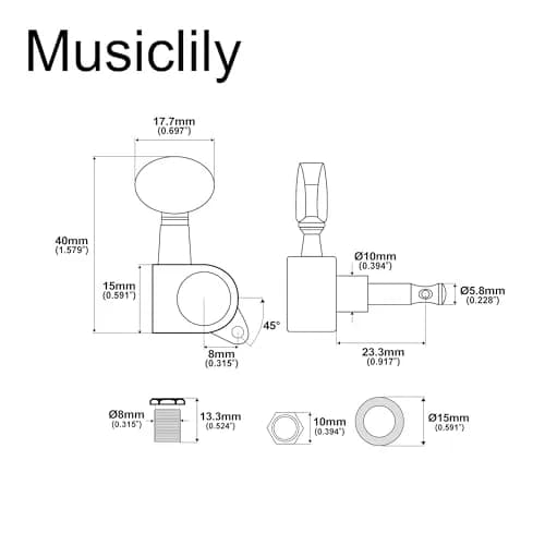 Musiclily Basic R15A 6 inline Sealed Tuners Set Chrome | Vintage Oval Button for Electric Guitar thumbnail 2