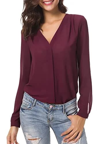 Urban CoCo Womens V Neck Ruffled Shoulder Blouse X-Large | Sheer Chiffon, Business Casual, Pink thumbnail 1
