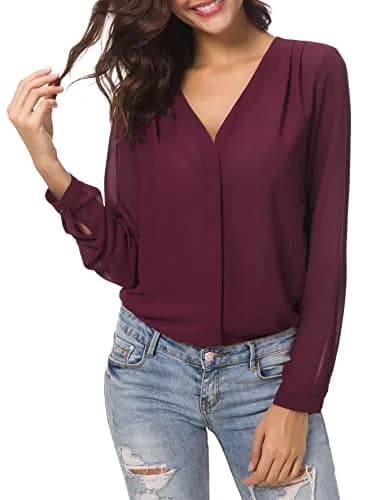 Urban CoCo Womens V Neck Ruffled Shoulder Blouse X-Large | Sheer Chiffon, Business Casual, Pink thumbnail 2