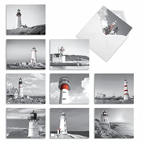 The Best Card Company Greeting Card | Red Beacons Lighthouse Design, 4 x 5 inches, Bulk 10 Assorted Notecards for All Occasions - main product image