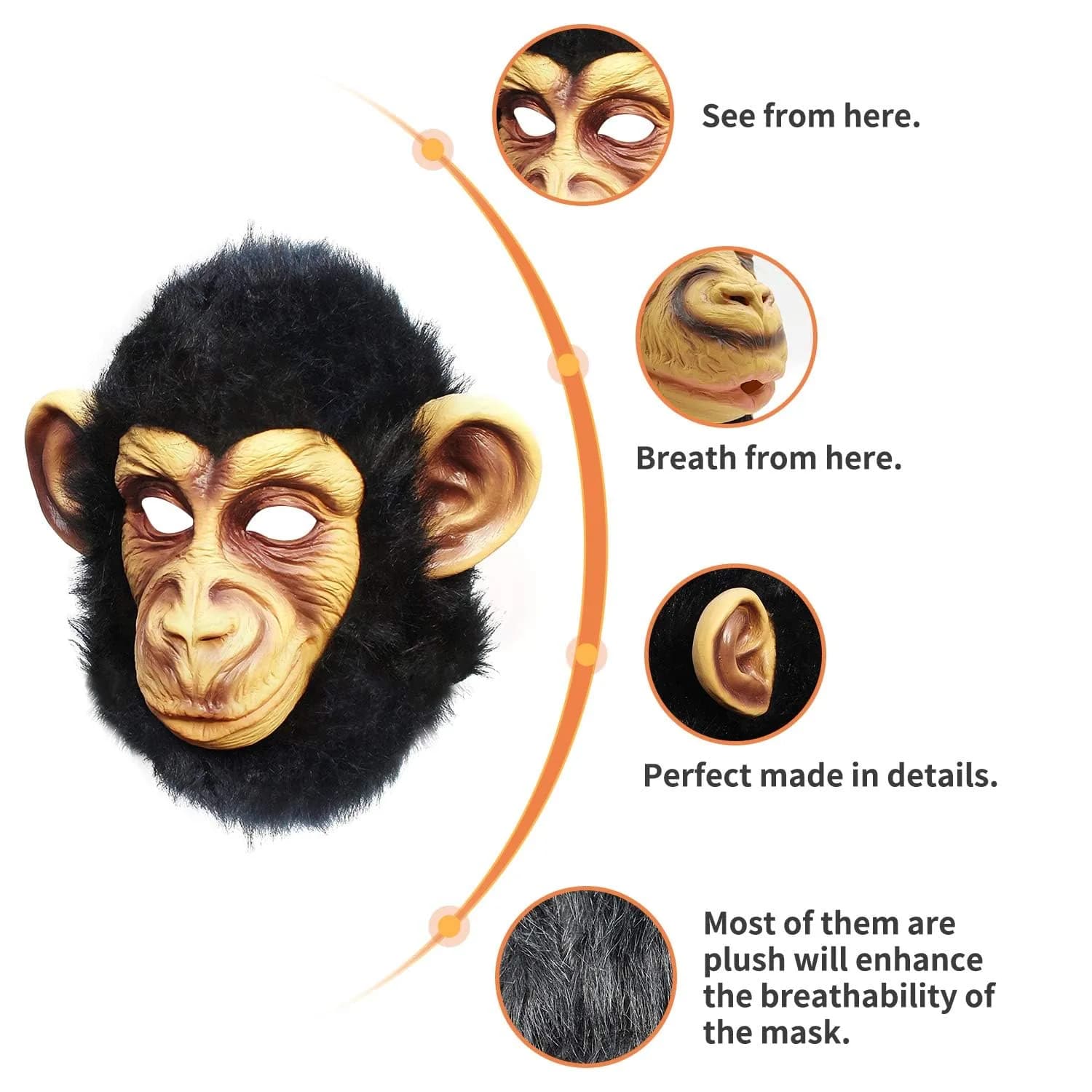 CreepyParty Monkey Mask for Adults, Natural Latex Monkey Costume Mask | 11.8 x 11.8 x 11.8 inches (30 x 30 x 30 cm) - view 3