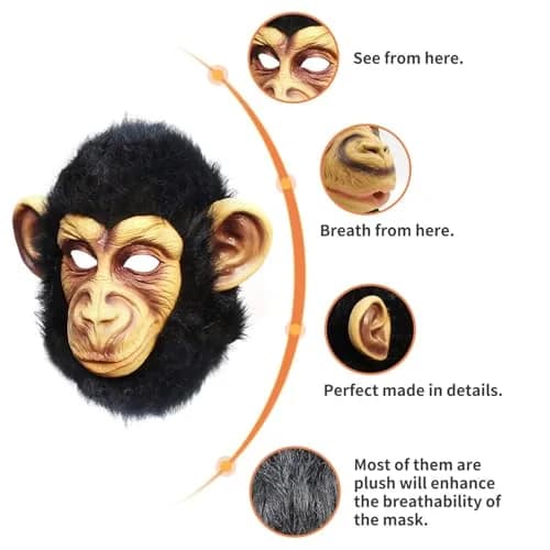 CreepyParty Monkey Mask for Adults, Natural Latex Monkey Costume Mask | 11.8 x 11.8 x 11.8 inches (30 x 30 x 30 cm) thumbnail 3