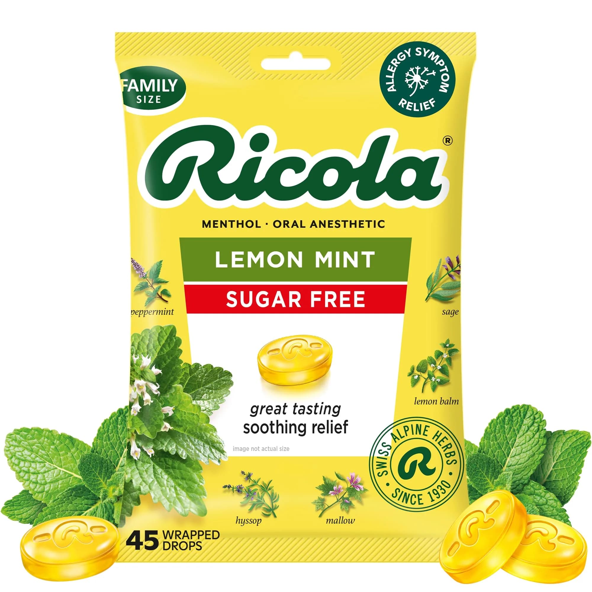 Ricola Sugar Free Lemon Mint Throat Drops 45 Count | Swiss Herbal Soothing Lozenges for Dry Throat — Yellow