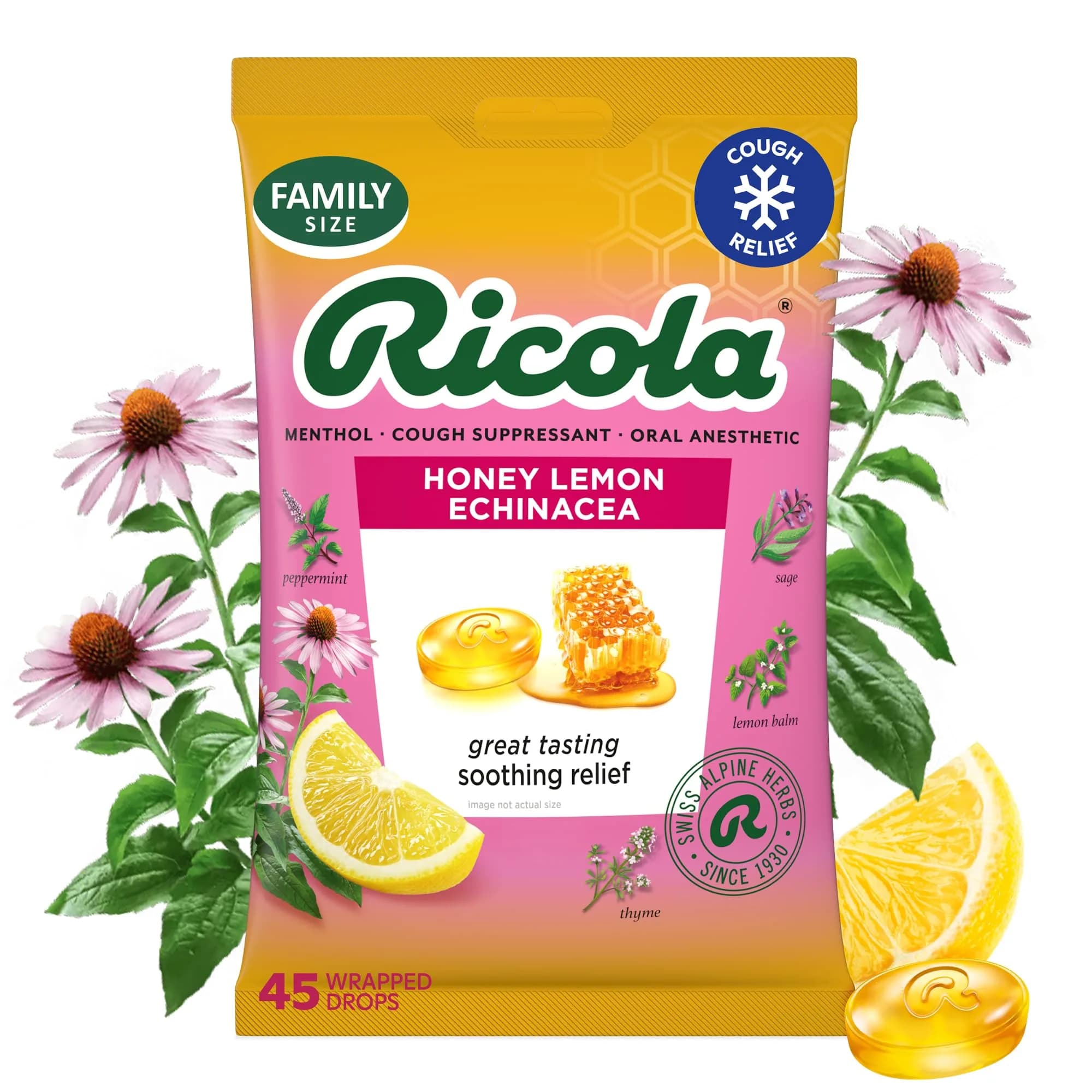 Ricola Throat Drops Echinacea Honey Lemon 45 Count | Swiss Herbal Relief with Menthol