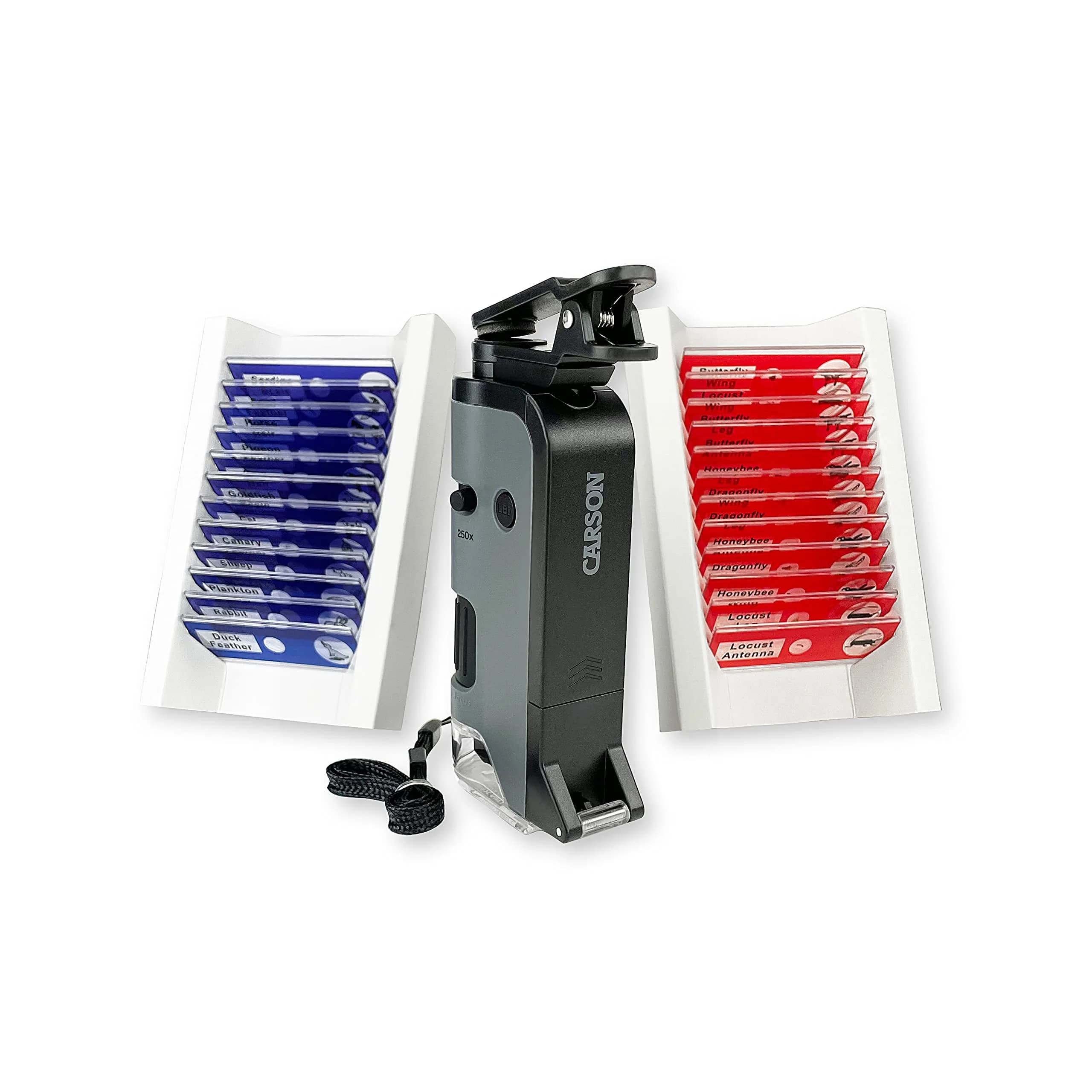 Carson MicroFlip 100x-250x LED & UV Pocket Microscope with Smartphone Adapter & 24 Prepared Slides | STEM Educational Tool - main product image