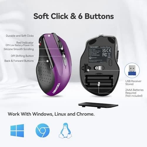 TECKNET Wireless Ergonomic Mouse, Purple, 2600 DPI, 2.4G USB Receiver | 6 Buttons, 24-Month Battery Life thumbnail 5