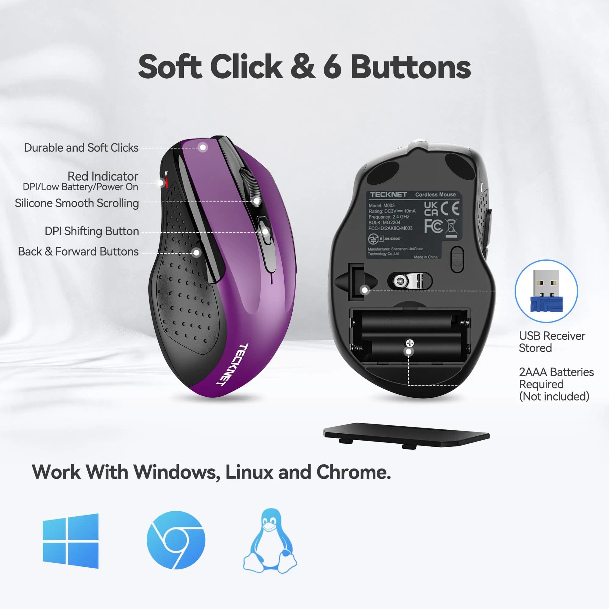 TECKNET Wireless Ergonomic Mouse, Purple, 2600 DPI, 2.4G USB Receiver | 6 Buttons, 24-Month Battery Life - view 5