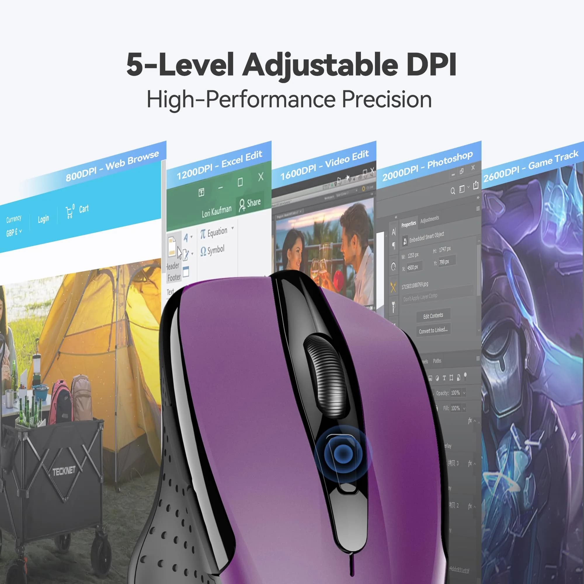 TECKNET Wireless Ergonomic Mouse, Purple, 2600 DPI, 2.4G USB Receiver | 6 Buttons, 24-Month Battery Life - view 6