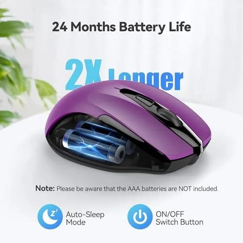 TECKNET Wireless Ergonomic Mouse, Purple, 2600 DPI, 2.4G USB Receiver | 6 Buttons, 24-Month Battery Life thumbnail 7