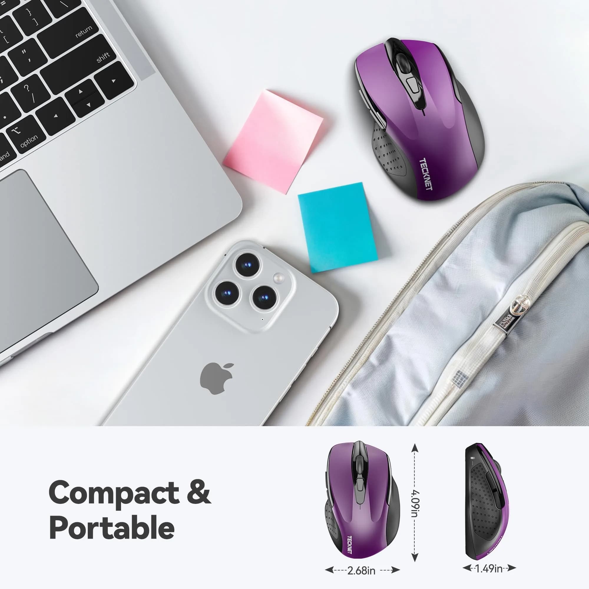 TECKNET M003 Ergonomic Wireless Computer Mouse - Purple, 2.4Ghz with 2600 DPI for Right-Handed Users - view 2
