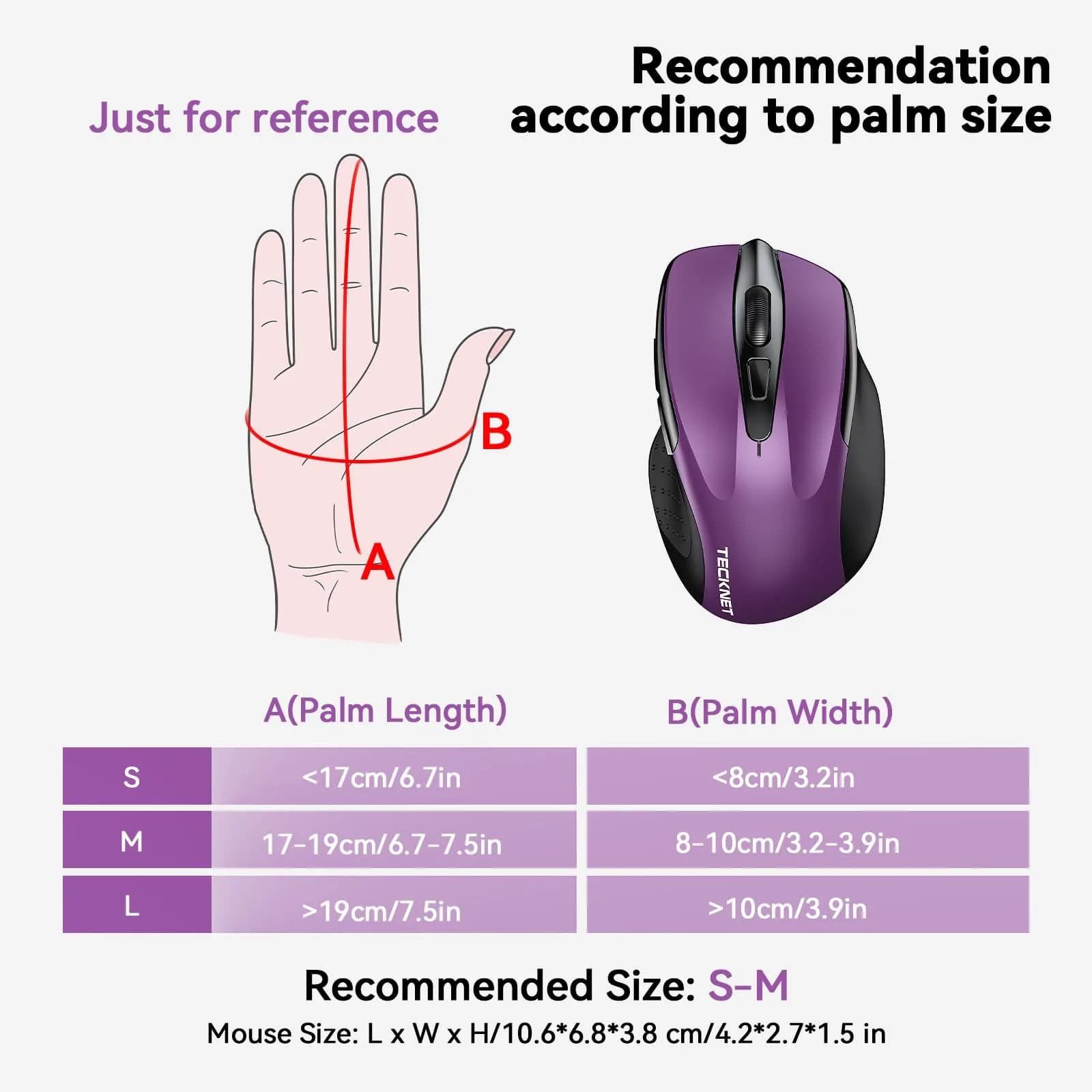 TECKNET M003 Ergonomic Wireless Computer Mouse - Purple, 2.4Ghz with 2600 DPI for Right-Handed Users - view 3
