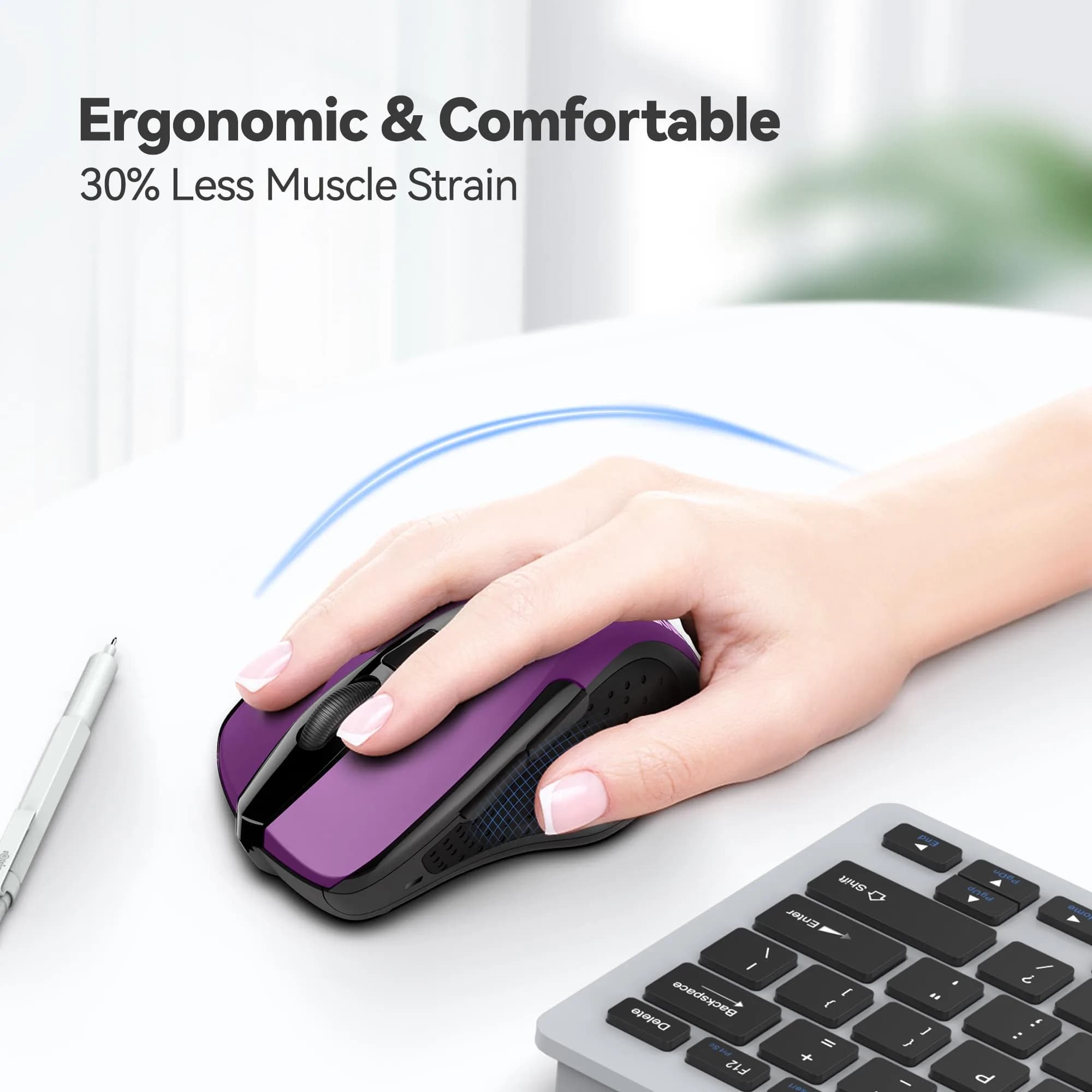 TECKNET M003 Ergonomic Wireless Computer Mouse - Purple, 2.4Ghz with 2600 DPI for Right-Handed Users - view 4