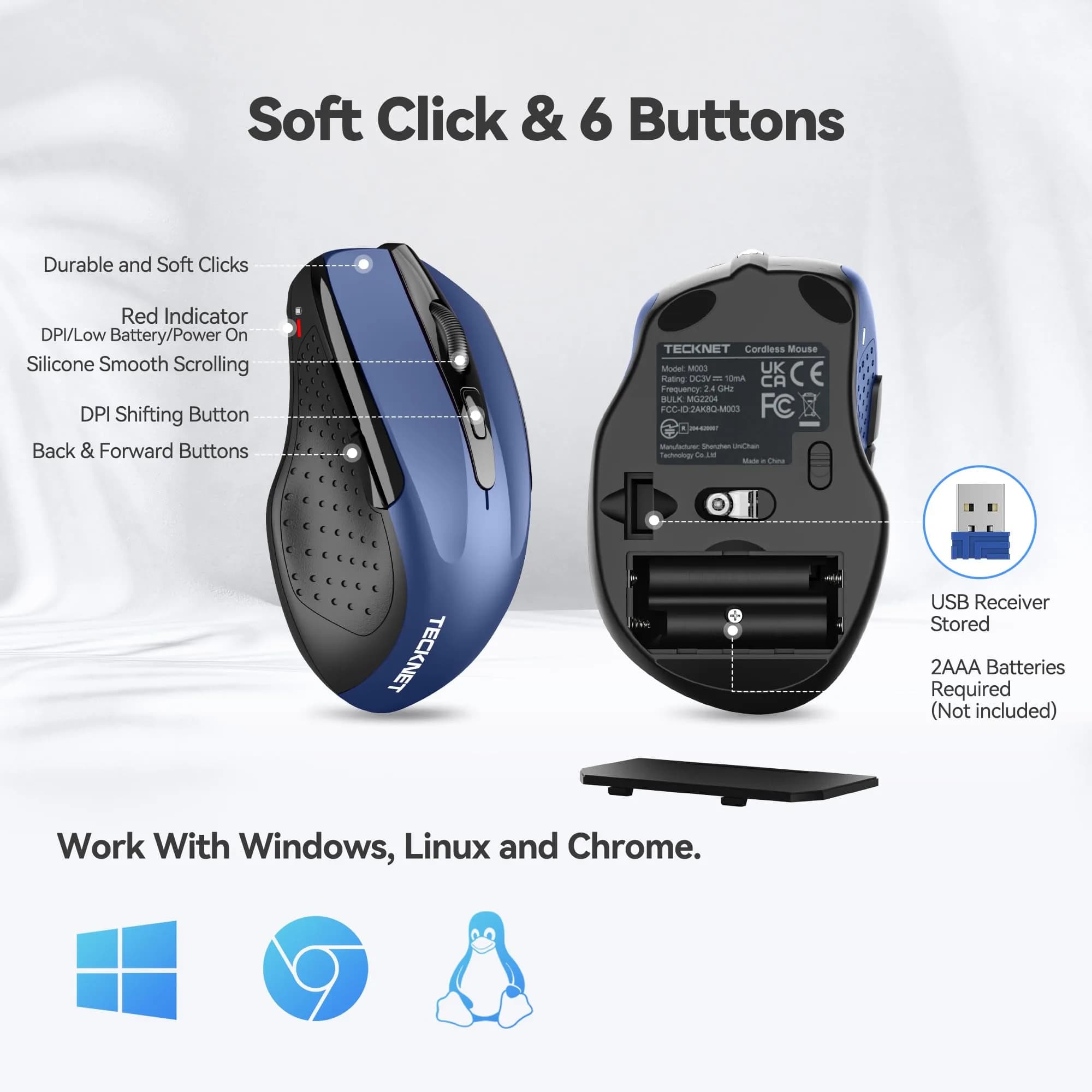 TECKNET Wireless Mouse, Ergonomic Computer Mouse, 2600 DPI, Blue | 2.4GHz Wireless, 24-Month Battery - view 5