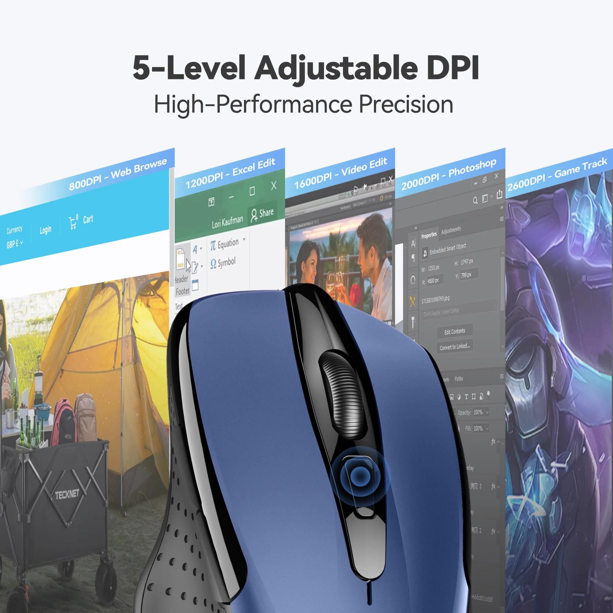 TECKNET Wireless Mouse, Ergonomic Computer Mouse, 2600 DPI, Blue | 2.4GHz Wireless, 24-Month Battery - view 6