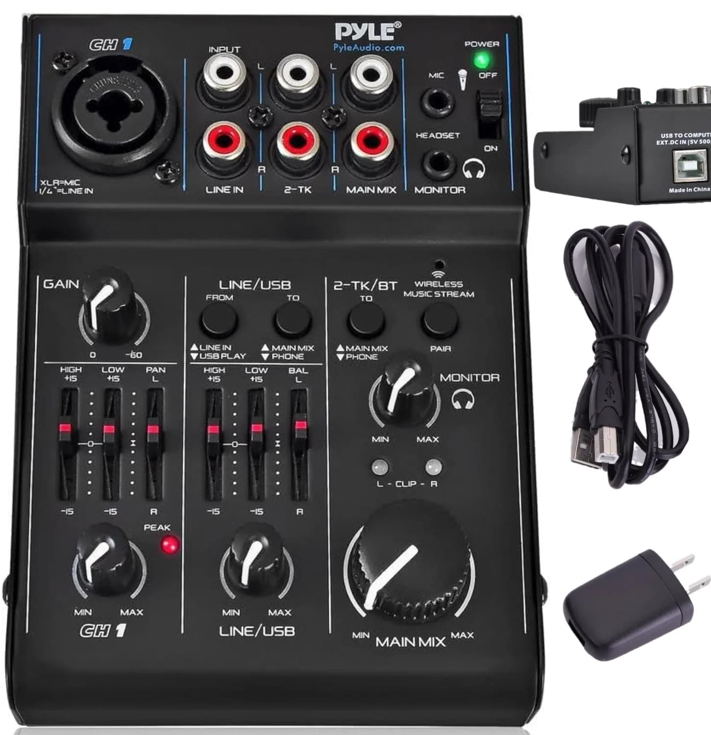 Pyle 3 Channel Bluetooth Audio Mixer | DJ Sound Controller Interface with USB Soundcard (4.0'' x 5.3'' x 1.6'') — Black