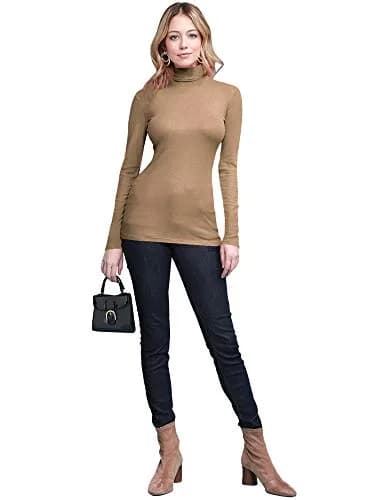 Lock and Love Womens Premium Long Sleeve Turtleneck Lightweight Pullover Top Sweater M Taupe | Slim Fit, Breathable Rayon thumbnail 5