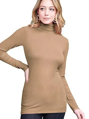 Lock and Love Womens Premium Long Sleeve Turtleneck Lightweight Pullover Top Sweater M Taupe | Slim Fit, Breathable Rayon thumbnail 3