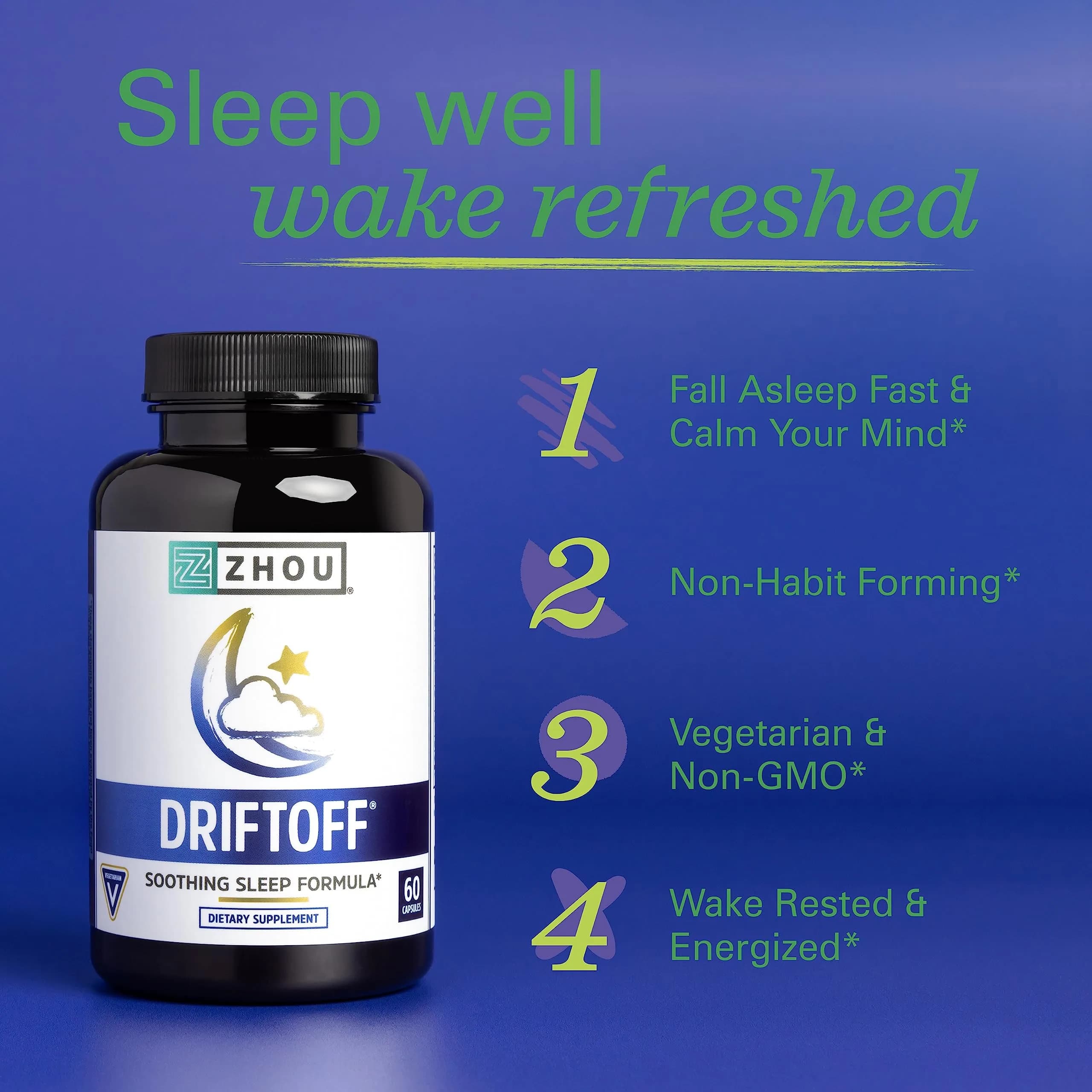 Zhou Driftoff Sleep Aid 60 Veggie Capsules | Valerian Root & Melatonin for Restful Nights - view 2