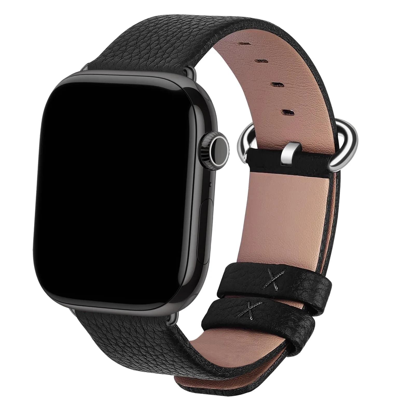 Fullmosa Leather Band for Apple Watch 46/45/44/42mm | Elegant, Genuine Cowhide Leather, Unisex — Black/Silver/Black