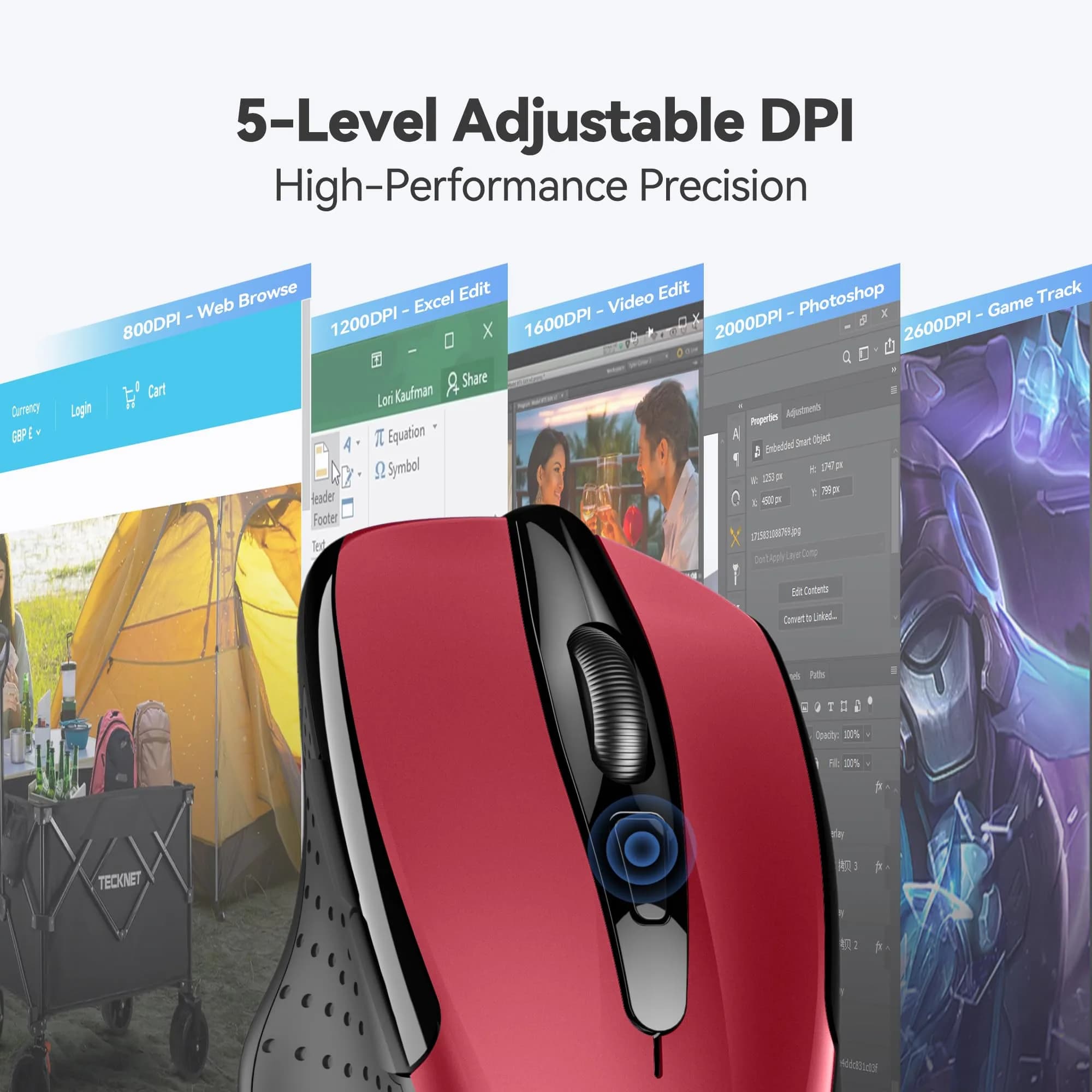 TECKNET M003 Red Wireless Ergonomic Computer Mouse - 2.4G, 2600 DPI - view 4