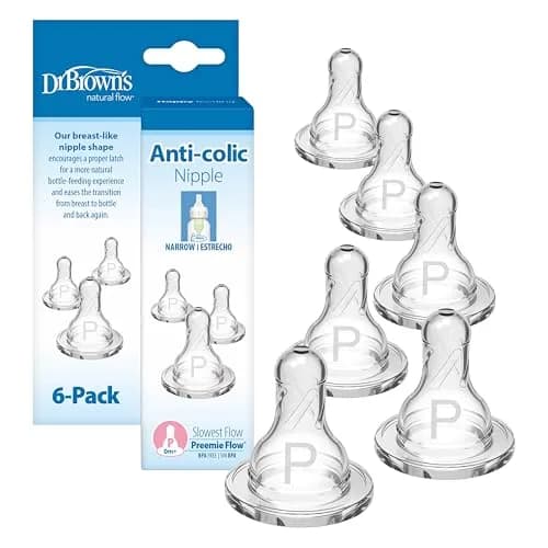 Dr. Brown's Narrow Preemie Flow Nipple, 0m+, 6-Pack | Slowest Flow for Premature Babies & Feeding Difficulties — 1 Preemie Flow, Slowest Flow, 0m+