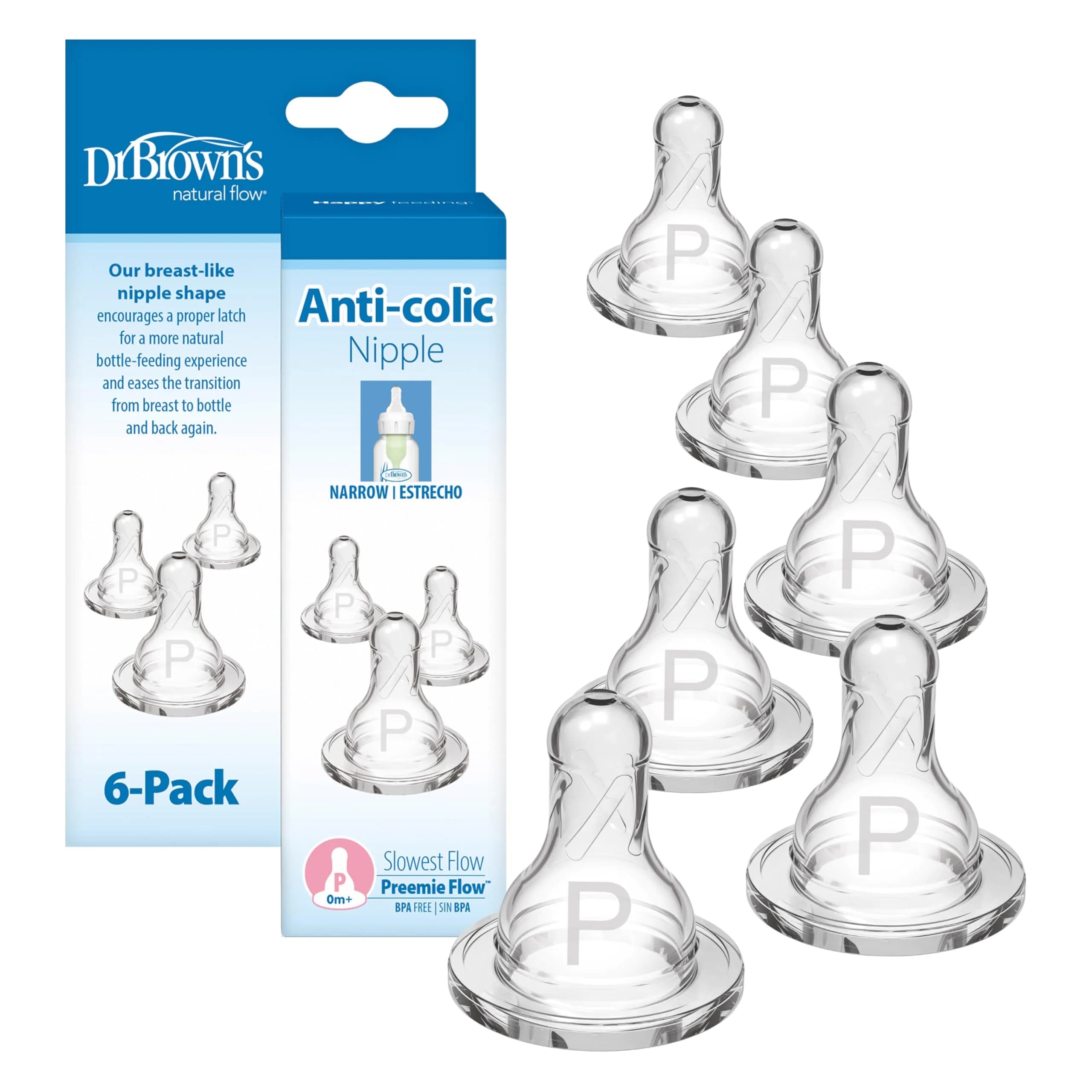 Dr. Brown's Narrow Preemie Flow Nipple, 0m+, 6-Pack | Slowest Flow for Premature Babies & Feeding Difficulties