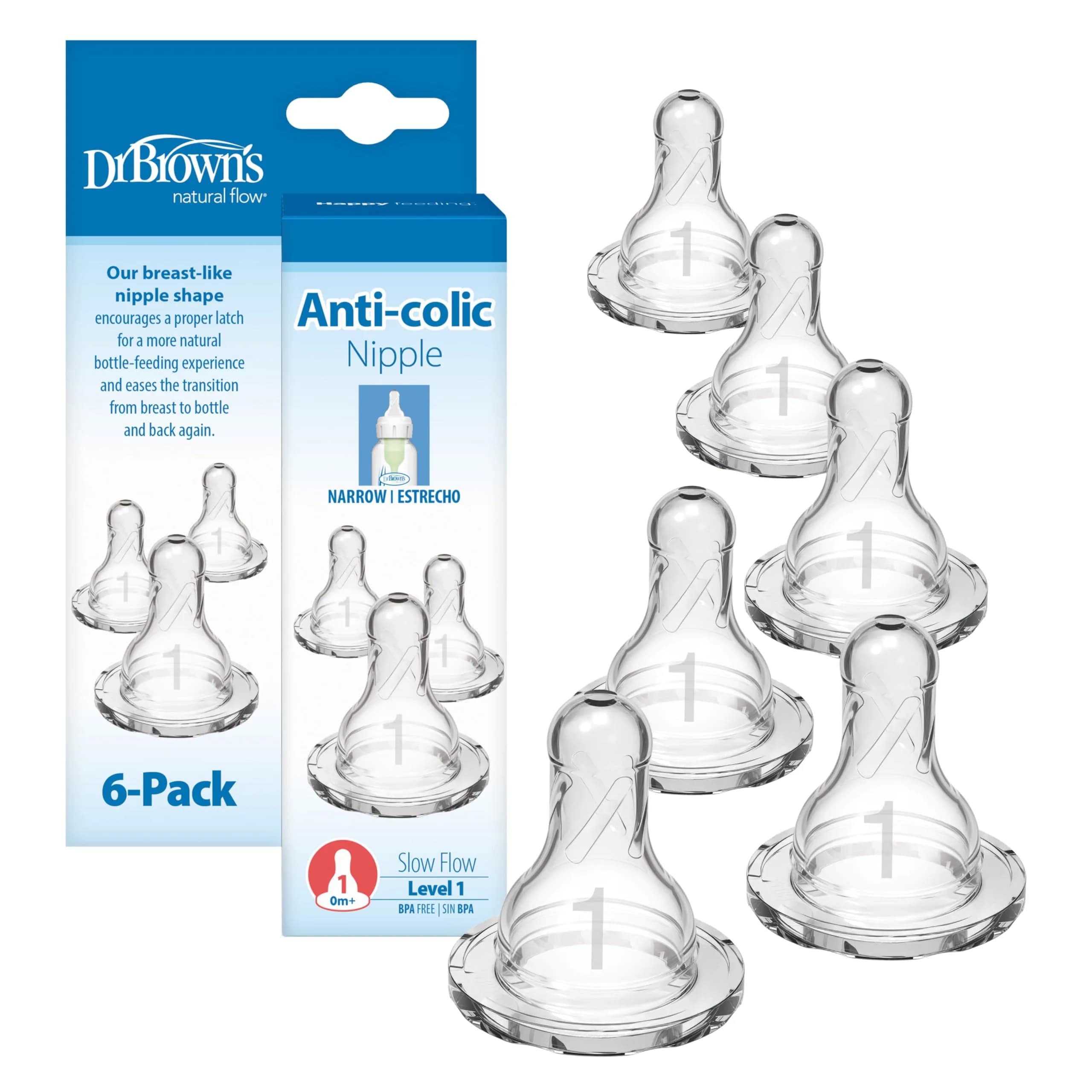 Dr. Brown's Narrow Preemie Flow Nipple, 0m+, 6-Pack | Slowest Flow for Premature Babies & Feeding Difficulties — Level 1, , 0m+