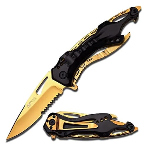 MTECH USA MT-705BG-MC Folding Knife, Gold Half-Serrated Blade, Black Handle, 4.5" Closed — Gold