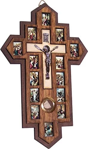 Holy Land Market Three Layers Olive Wood Crucifix - 14 Stations icons of the Cross, Handcrafted Holy Land Wall Cross, 7x5.5 in thumbnail 1