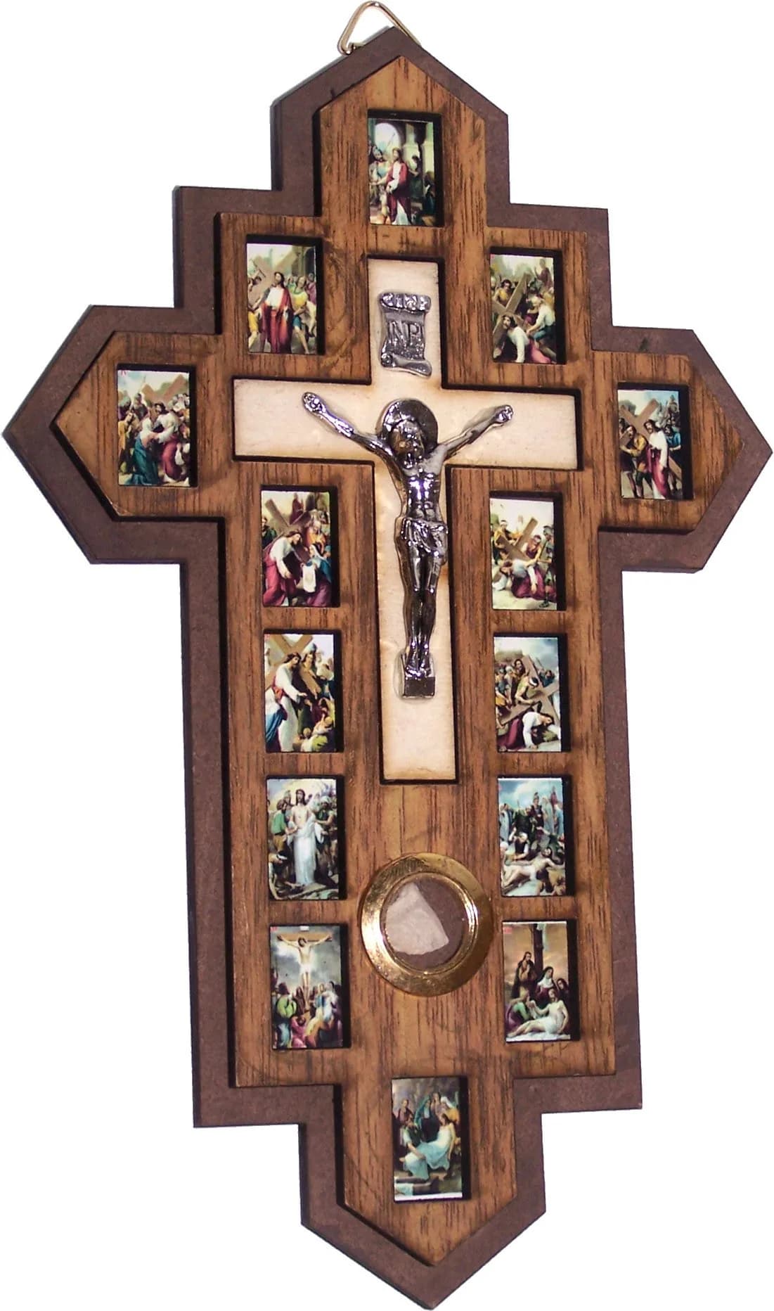 Holy Land Market Three Layers Olive Wood Crucifix - 14 Stations icons of the Cross, Handcrafted Holy Land Wall Cross, 7x5.5 in