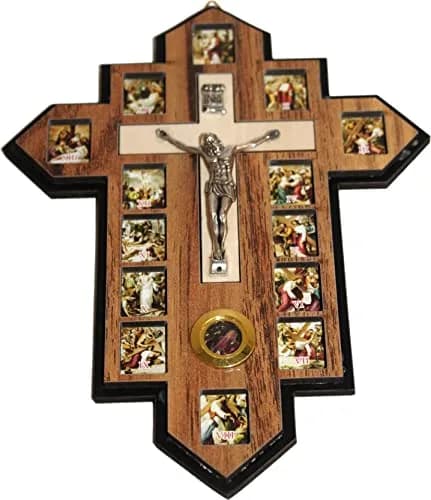 Holy Land Market Three Layers Olive Wood Crucifix - 14 Stations icons of the Cross, Handcrafted Holy Land Wall Cross, 7x5.5 in thumbnail 2