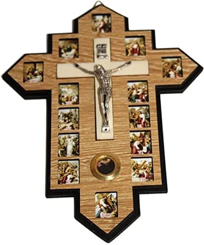 Holy Land Market Three Layers Olive Wood Crucifix - 14 Stations icons of the Cross, Handcrafted Holy Land Wall Cross, 7x5.5 in thumbnail 3