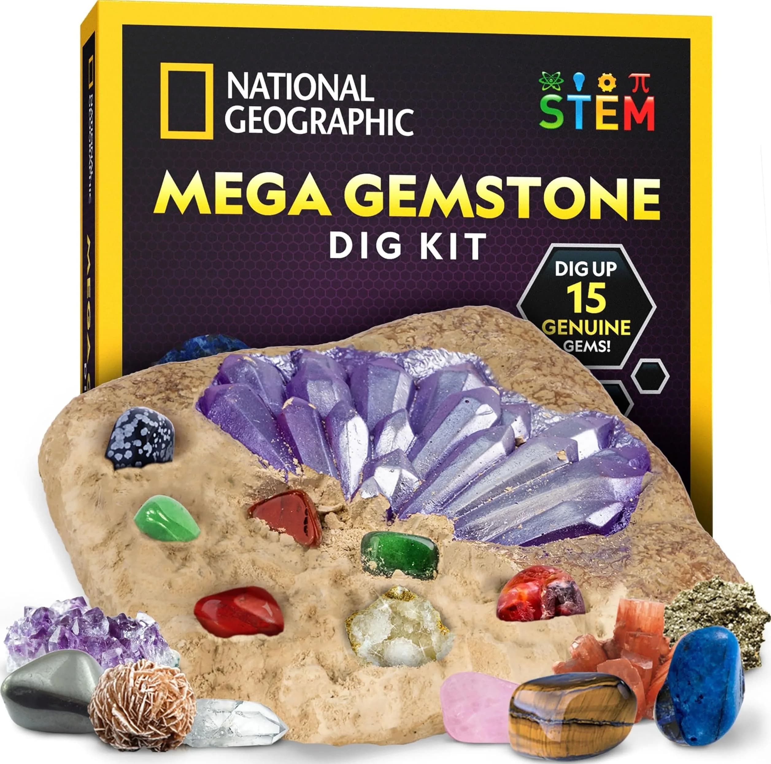 National Geographic Gigantic Gemstone Dig Kit with 100 Real Gems | STEM Learning Toy for Kids — Multicolored