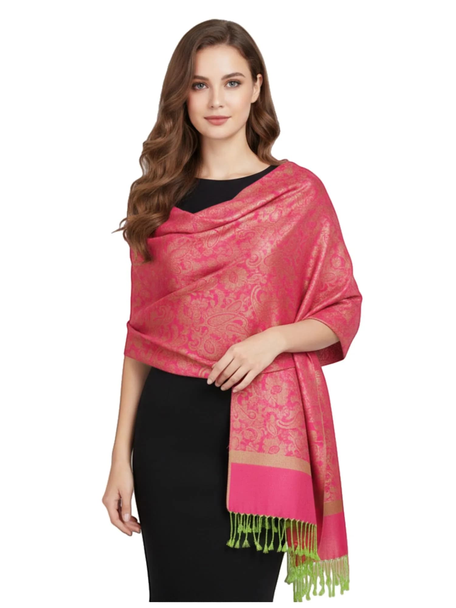 PASKMLNA Paisley Jacquard Pashmina Feel Shawl Wrap Scarf Stole (018-127Hotpink green) | Luxurious, breathable, versatile