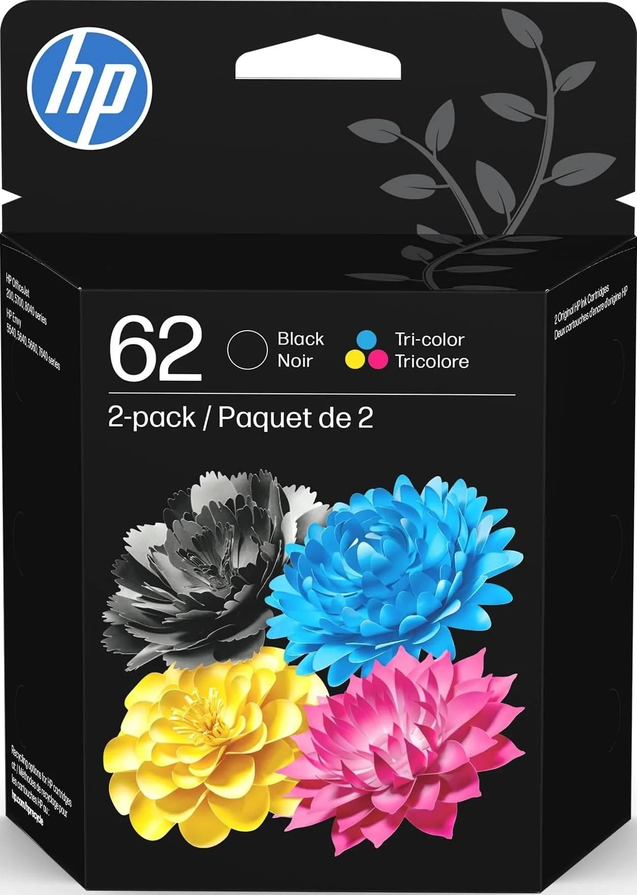 HP 62 Black/Tri-Color Ink Cartridges (2-Pack) | 200 Pages Black, 165 Pages Color | Genuine USA Import - main product image