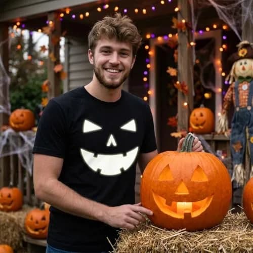 Crazy Dog T-Shirts Halloween Mens Happy Tooth Pumpkin Face Glow in The Dark Tees Black 5XL | Spooky, Funny & Comfortable thumbnail 3