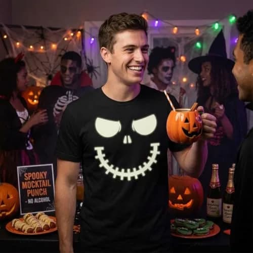 Crazy Dog T-Shirts Halloween Mens Skeleton Zipper Pumpkin Face Glow in The Dark Tees Black 5XL | Spooky Skeleton Glow Tee thumbnail 3