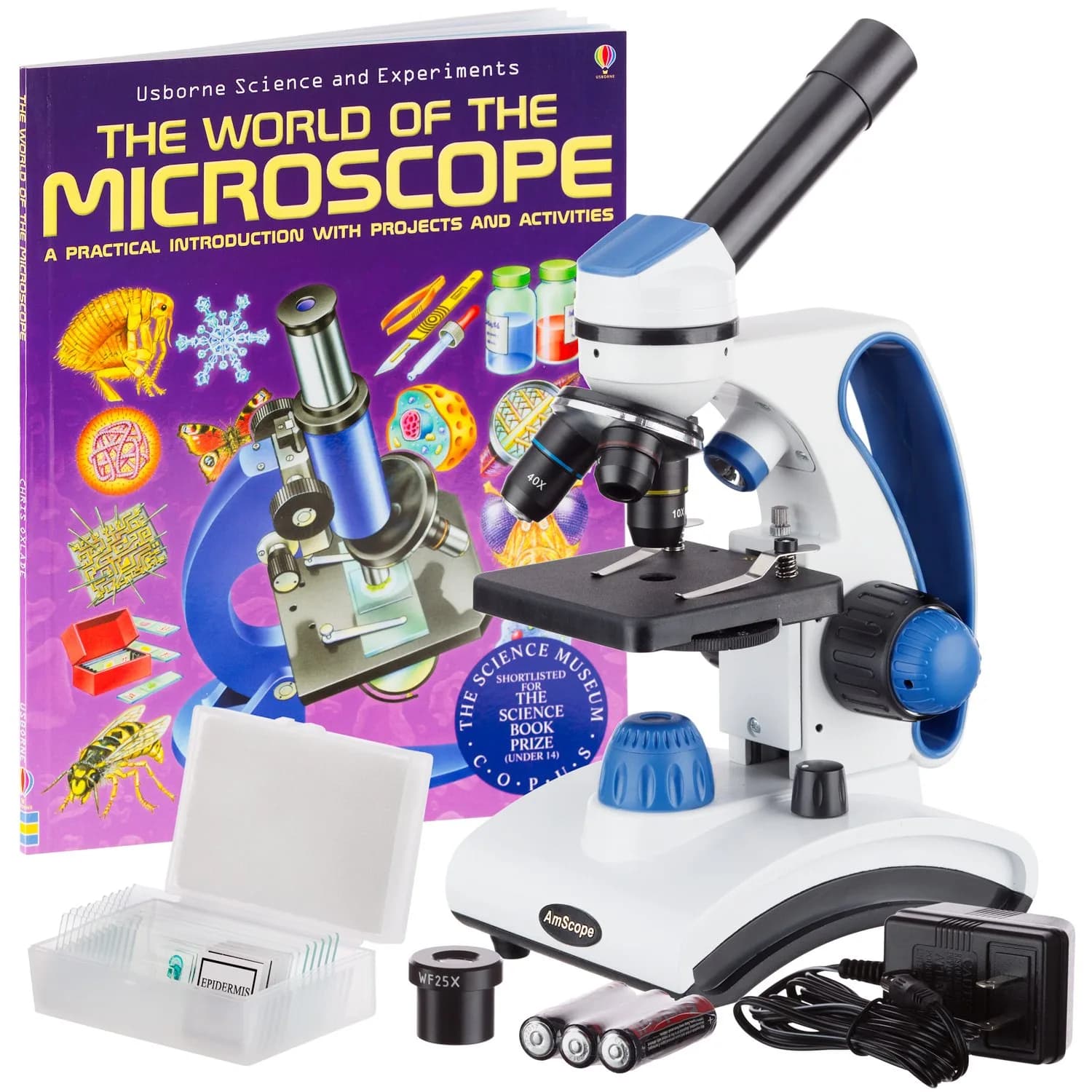 AmScope M162C-2L-PB10-WM 1000X Microscope Kit for Education & Home Use | All-Metal Durable Design