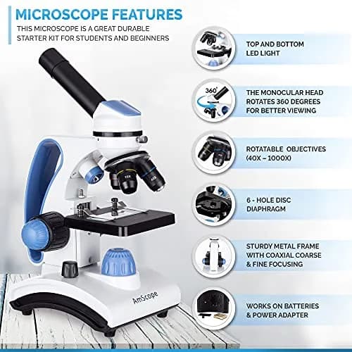 AmScope M162C-2L-PB10-WM 1000X Microscope Kit for Education & Home Use | All-Metal Durable Design thumbnail 3