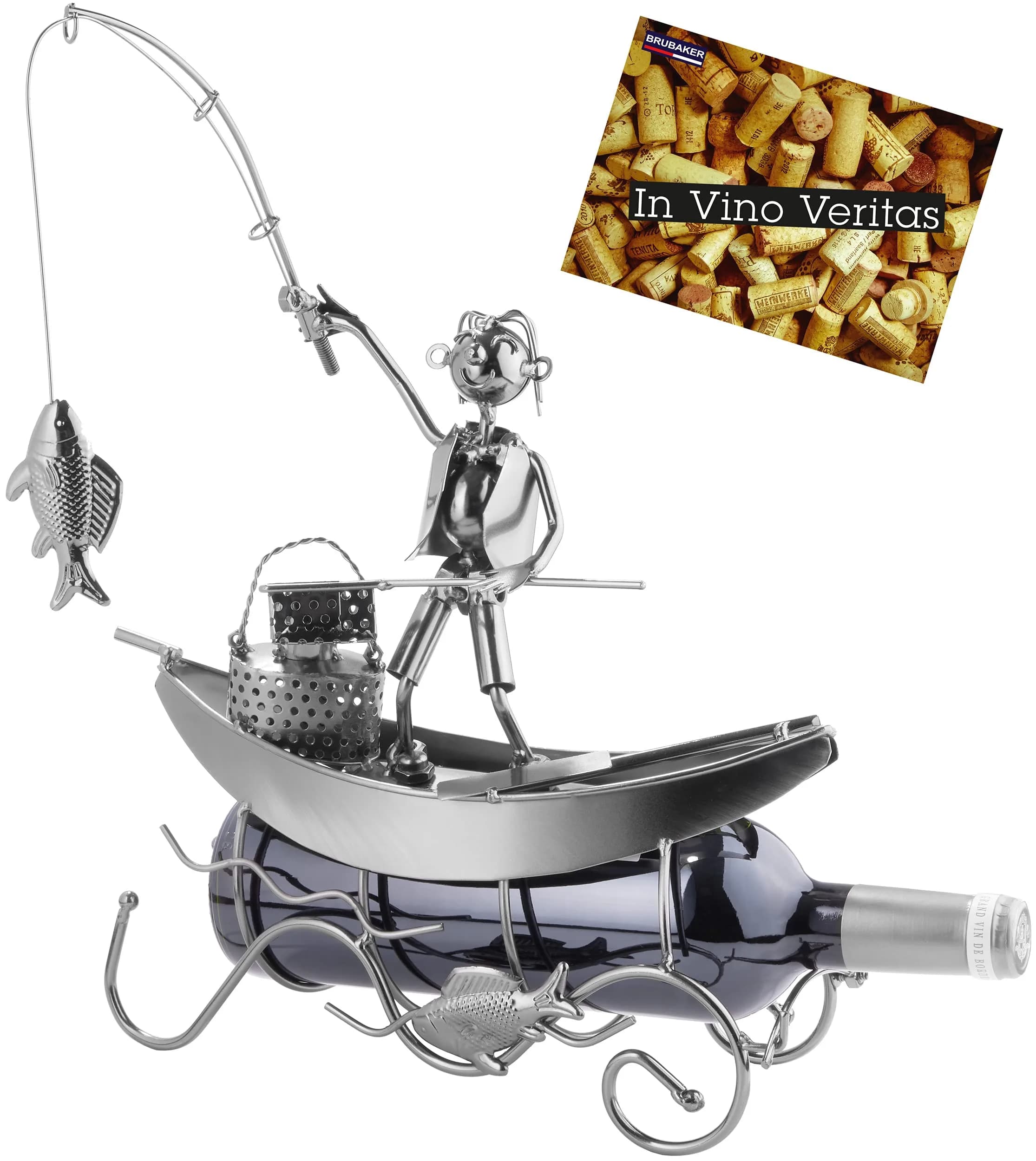 BRUBAKER Fisherman on a Boat Metal Wine Bottle Holder Statue Sculpture | 30.5 cm (11.8") L x 36.6 cm (14.6") H x 10.9 cm (4.3") W — Silver