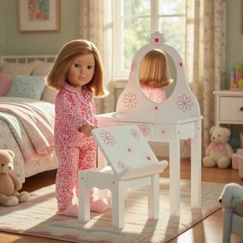Emily Rose 18 Inch Doll Vanity & Bench Set with Storage – Realistic Wooden Furniture for Dolls thumbnail 5