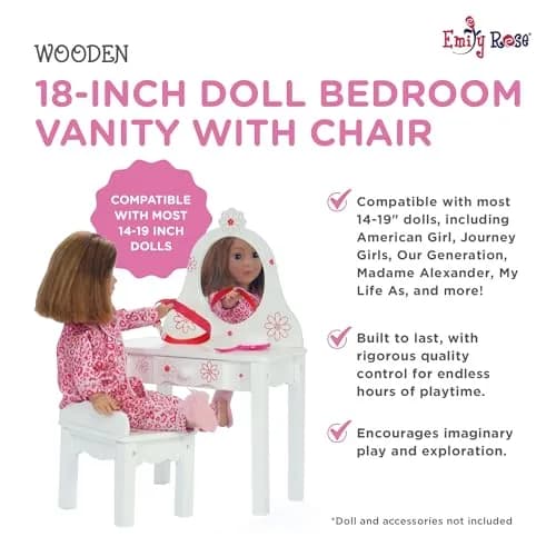 Emily Rose 18 Inch Doll Vanity & Bench Set with Storage – Realistic Wooden Furniture for Dolls thumbnail 3