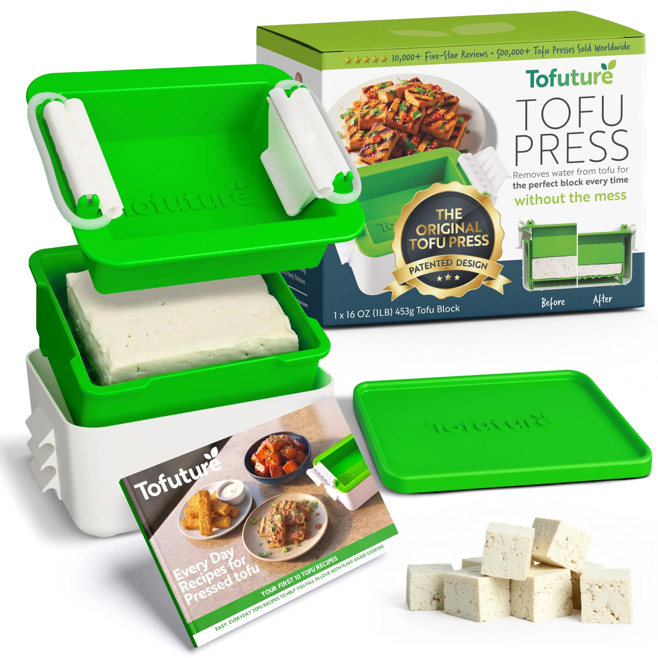 Tofuture Tofu Press | Self-Contained Vegan Tofu Water Remover, Fits 8-16 oz | Dishwasher Safe — Green, White
