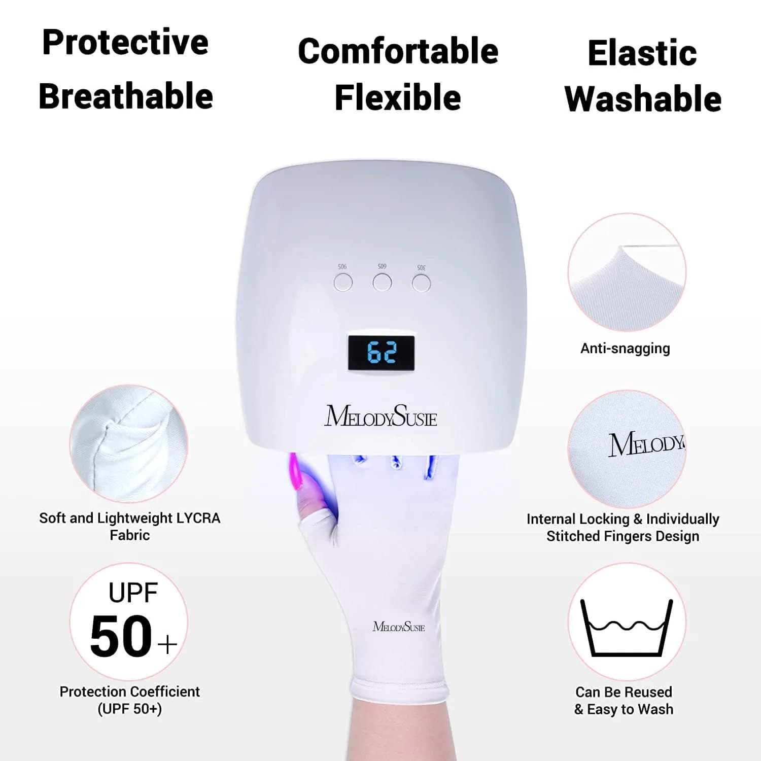 MelodySusie UV Gloves for Gel Nail Lamp, Professional UPF50+ UV Protection Fingerless Gloves (White) | Protects Hands from UV Harm - view 3