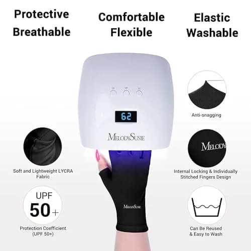 MelodySusie UV Protection Gloves for Gel Nail Lamp, Fingerless UPF 50+ Black | Protects Hands from UV Dryer Harm thumbnail 6