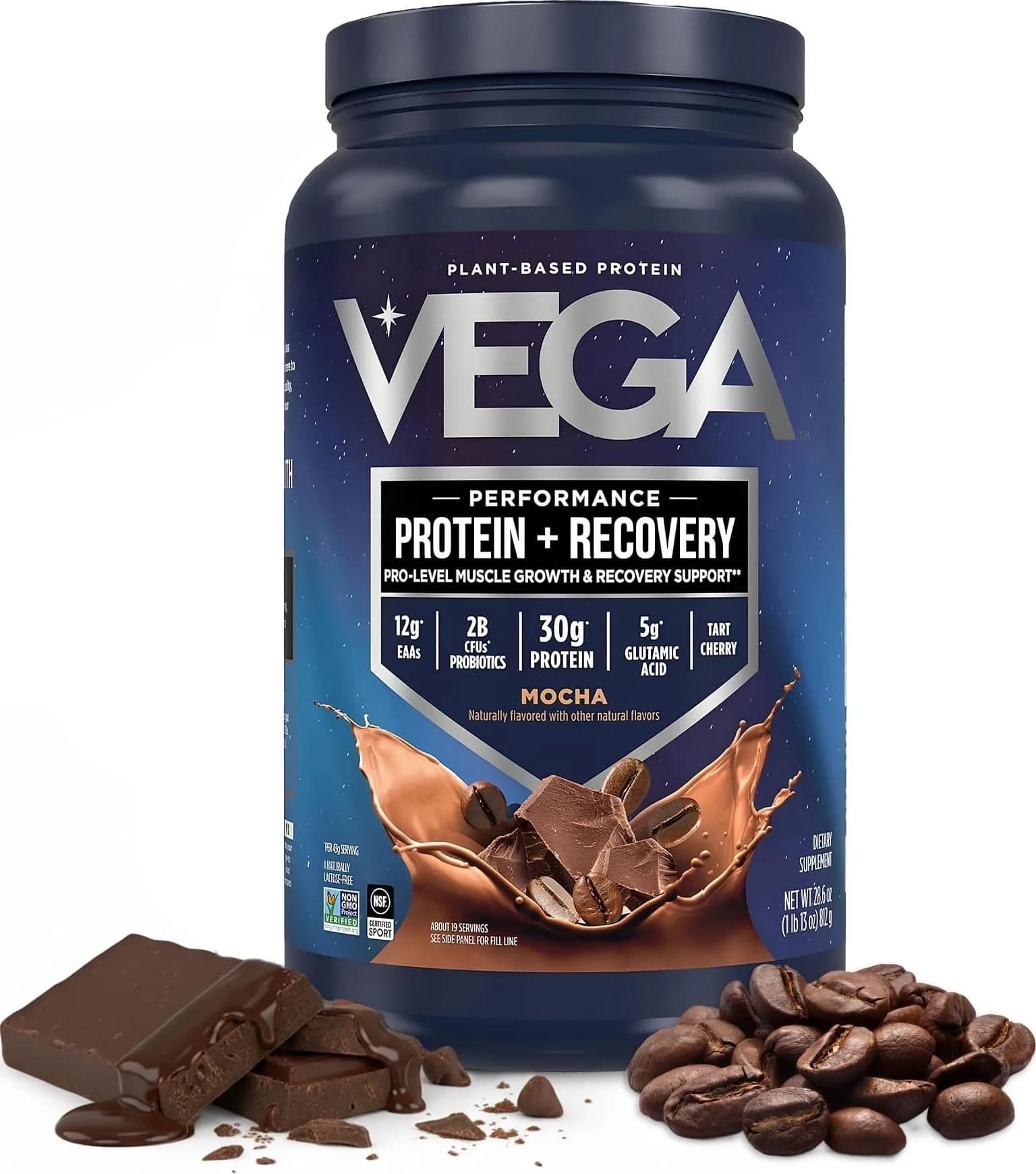 Vega Protein + Recovery Mocha 816g (28.8 oz) | NSF Certified Plant-Based Protein for Muscle Recovery - main product image